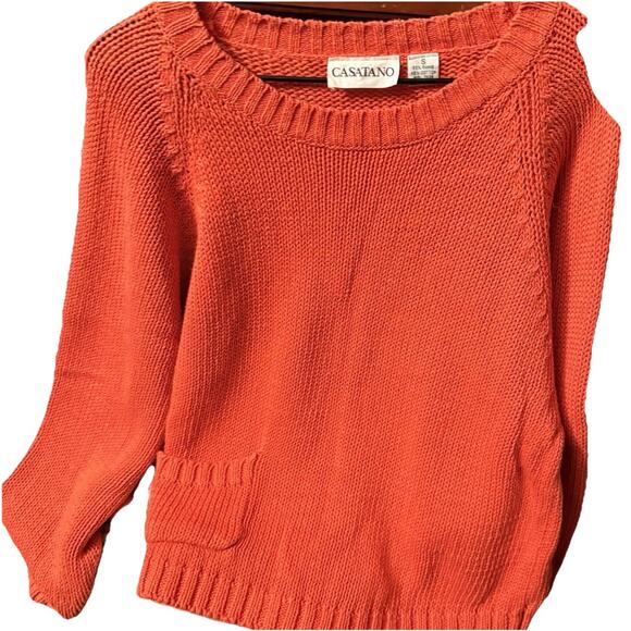 Vintage CASATANO Ramie Cotton Sweater Small Coral Orange-Red Knit Pocket 1980's - Picture 3 of 16